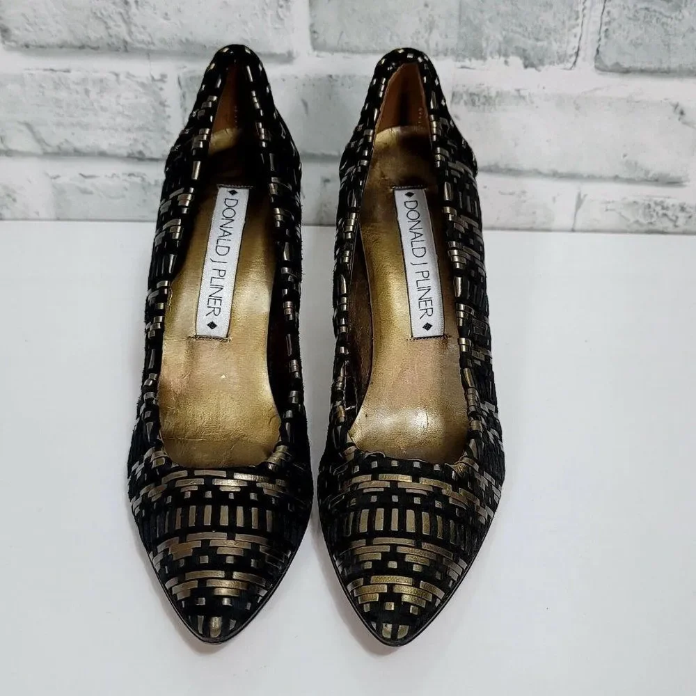 Vintage 90s Donald J Pliner Womens 7.5 Woven Black Gold Pump Heels‎